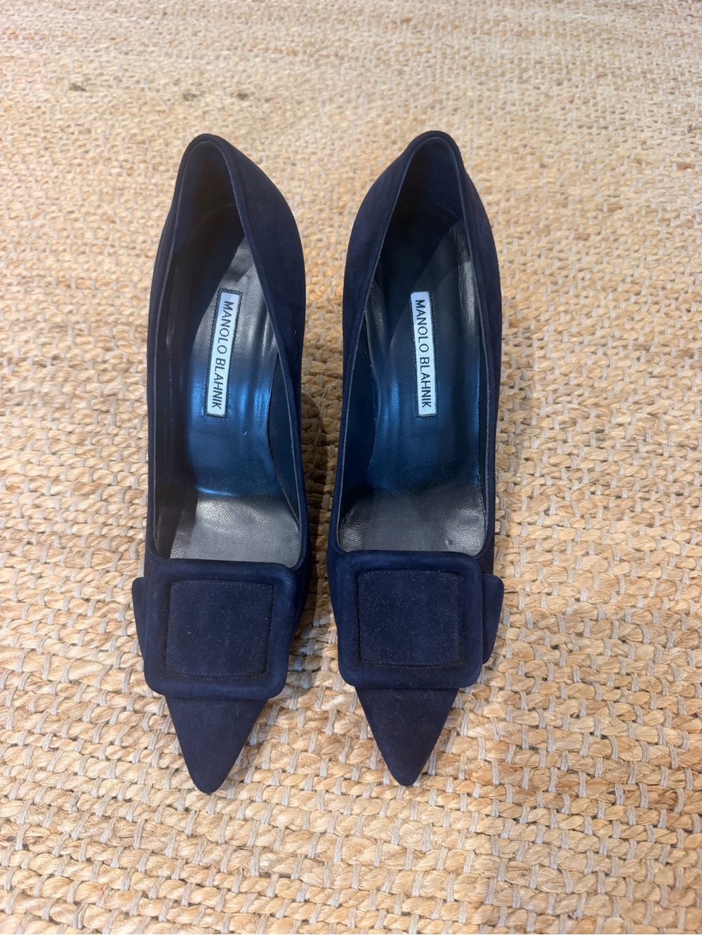 Manolo Blahnik Navy Suede Pointed Toe Pumps with Buckle